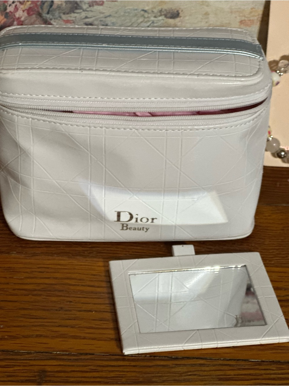 Dior White Quilted Beauty Cosmetic Case with Mirror